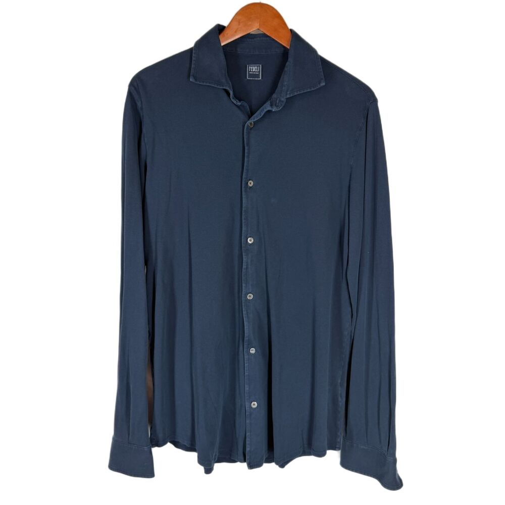 FEDELI Mens Shirt IT 54 XL Navy Blue Pique Button Front Knit Long Sleeve ITALY